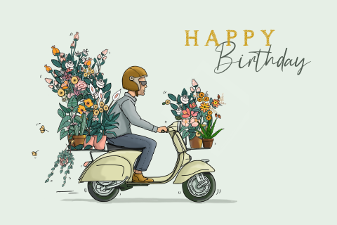 Verjaardagskaart Vespa scooter met planten en bloemen