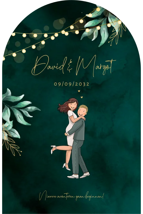 Trouwkaart bruidspaar donkergroene achtergrond
