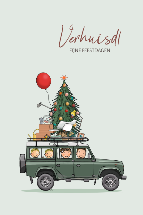 Verhuiskerstkaart auto landrover met familie