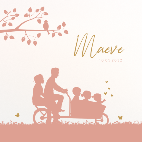Geboortekaartje meisje met broer en zusje en ouders op bakfiets