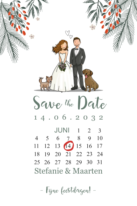 Save the date kerstkaart bruidspaar met takjes
