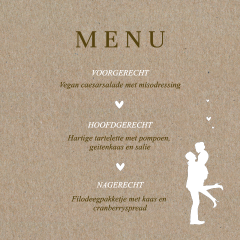 Menukaart in kraft met silhouet bruidspaar
