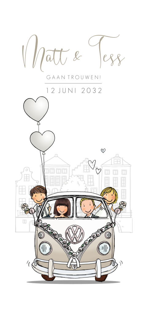 Trouwkaart bruidspaar volkswagen busje beige hartjes ballon