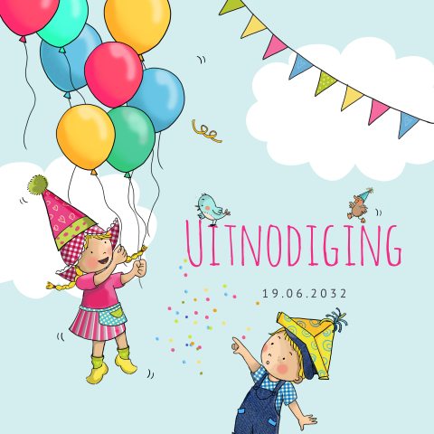 Uitnodiging Fien hangt aan ballonnen