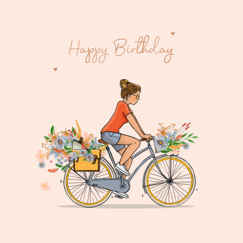 Verjaardagskaart fietsende vrouw met bloemen