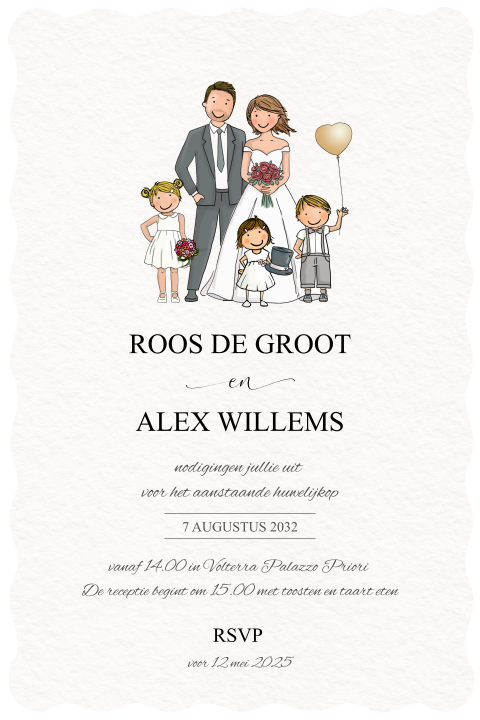 Trouwkaart strip bruidspaar met kinderen