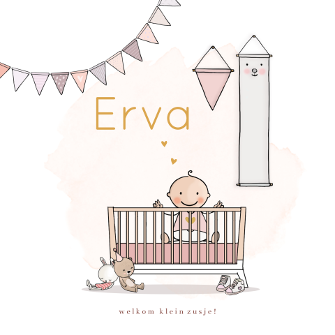 geboortekaartje meisje ledikant vlaggetjes en vaandel