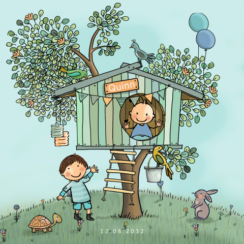 Geboortekaartje jongen met broertje boomhut met vogels
