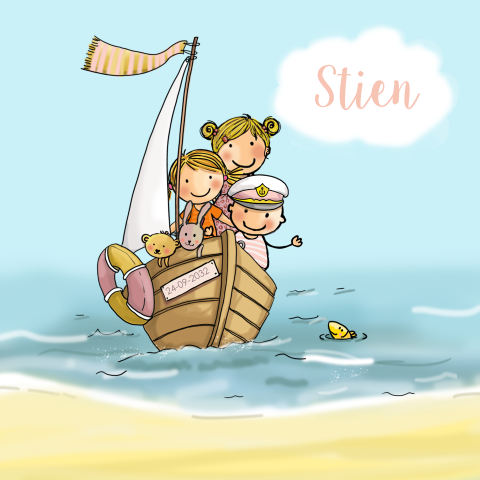 geboortekaartje meisje met zusjes bootje met zee