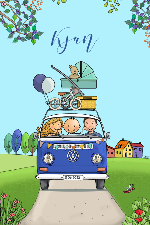 Geboortekaartje baby jongen voorkant busje blauw
