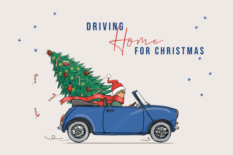 Kerstverhuiskaart mini cabrio met kerstboom