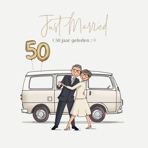 Uitnodiging jubileum bruidspaar dansend voor grappige auto