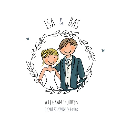 Ronde originele trouwkaart bruidspaar in krans