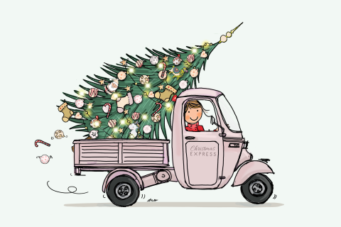 Kerstkaart Vespa Ape roze met kerstboom