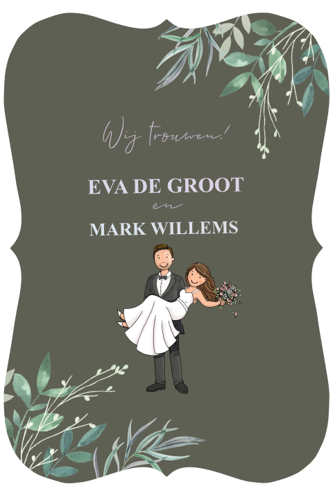 Trouwkaart vorm met bruidspaar en takjes