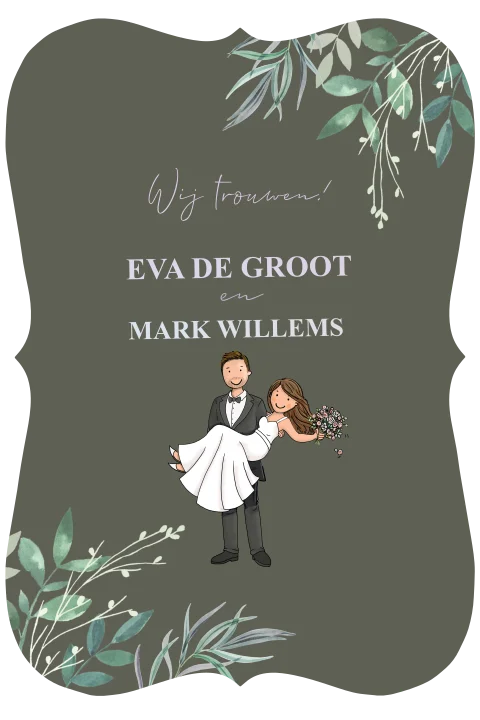 Trouwkaart vorm met bruidspaar en takjes