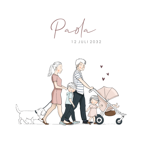 Geboortekaartje ouders met buggy en baby meisje