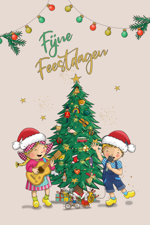 Kerstkaart Fien en Teun gitaar en kerstboom