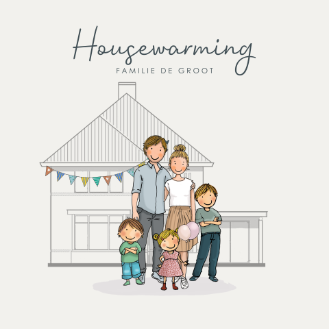 Housewarming kaart met gezin en huis