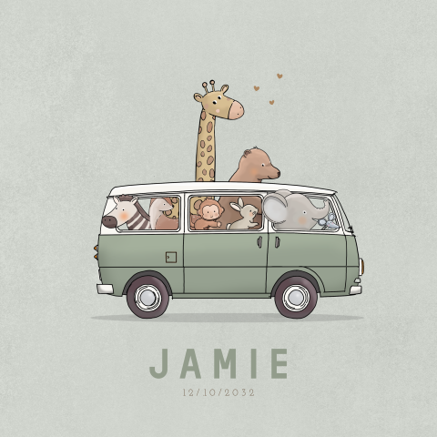 Tegel geboortekaartje groen busje met dieren