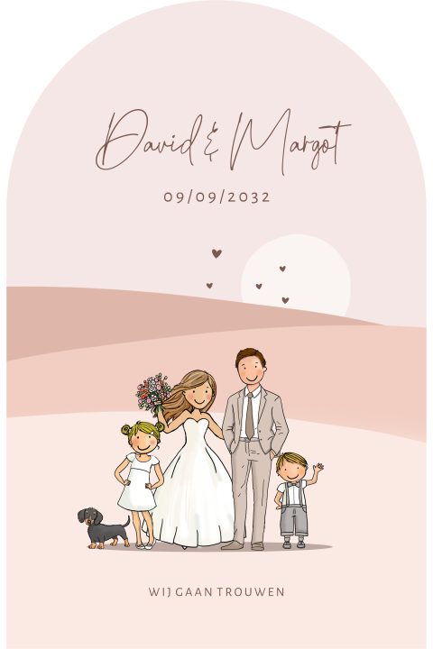 Trouwkaart bruidspaar  beige met landschap