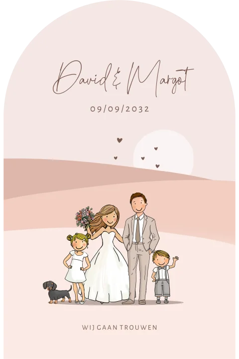 Trouwkaart bruidspaar  beige met landschap