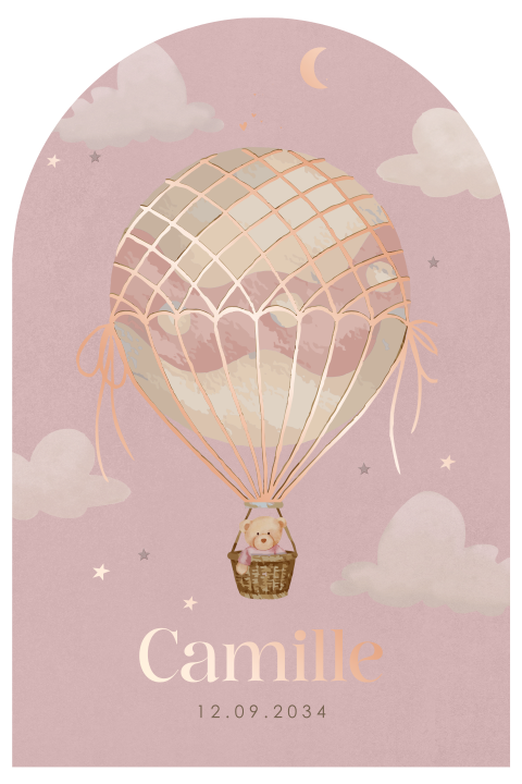 Geboortekaartje boog dromerige luchtballon roze met beertje