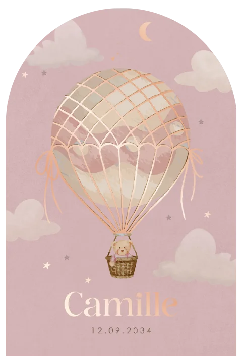 Geboortekaartje boog dromerige luchtballon roze met beertje