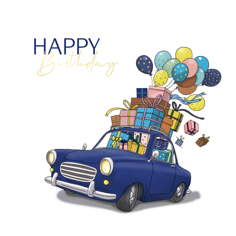 Verjaardagskaart retro auto met kadootjes en ballonnen