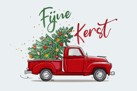 Kerstkaart Amerikaanse pickup rood boom en tekst
