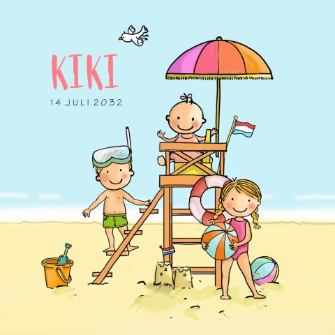 Geboortekaartje meisje strand uitkijkstoel zus en broertje