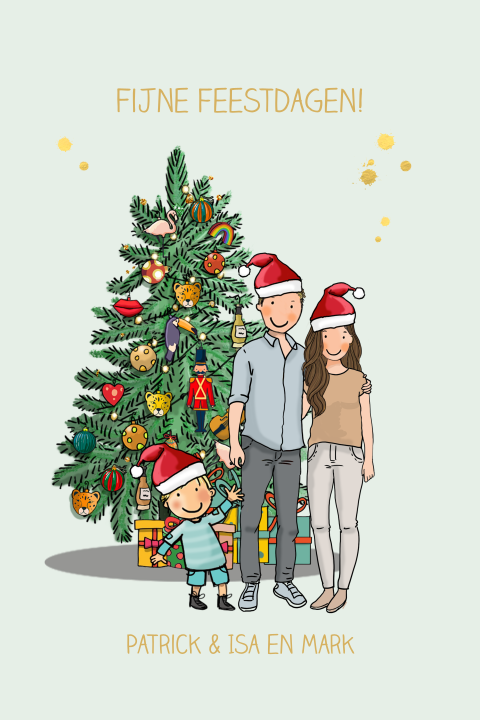 Kerstkaart familie met kerstboom
