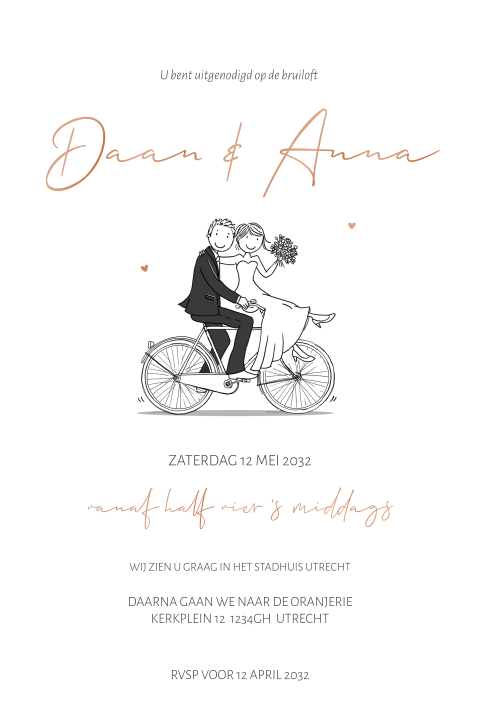 Trouwkaart fiets met bruidspaar zwart wit koperfolie