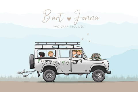 Trouwkaart stoere landrover wit met bruidspaar en landschap