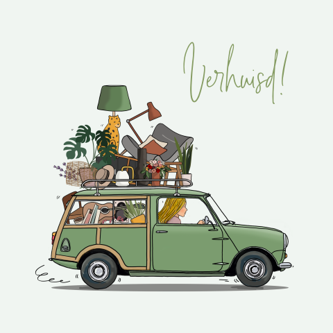 Verhuiskaart mini traveler groen met spullen