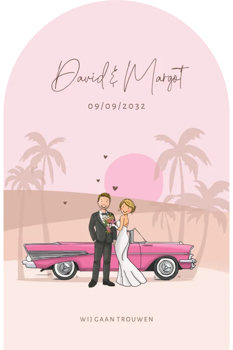 Trouwkaart bruidspaar met roze amerikaanse Bell air cabrio roze