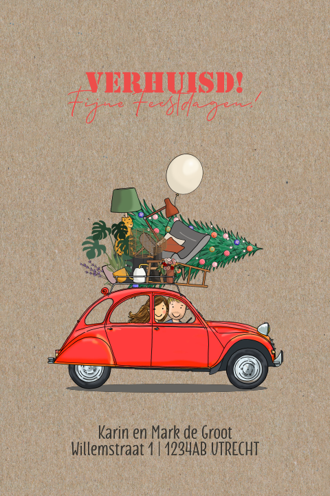 Kerstkaart kraft met rode citroen 2cv