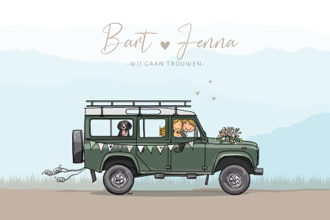 Trouwkaart stoere landrover met bruidspaar en landschap