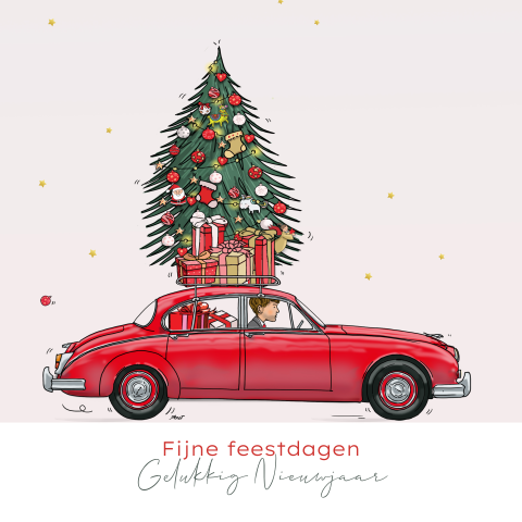 Kerstkaart rode jaguar met kerstboom