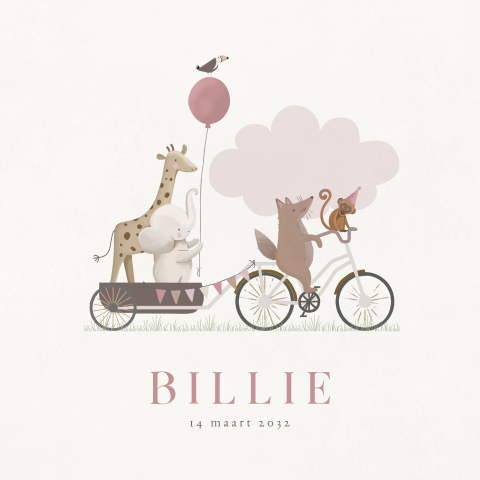 Geboortekaartje meisje jungle dieren op fiets en ballon