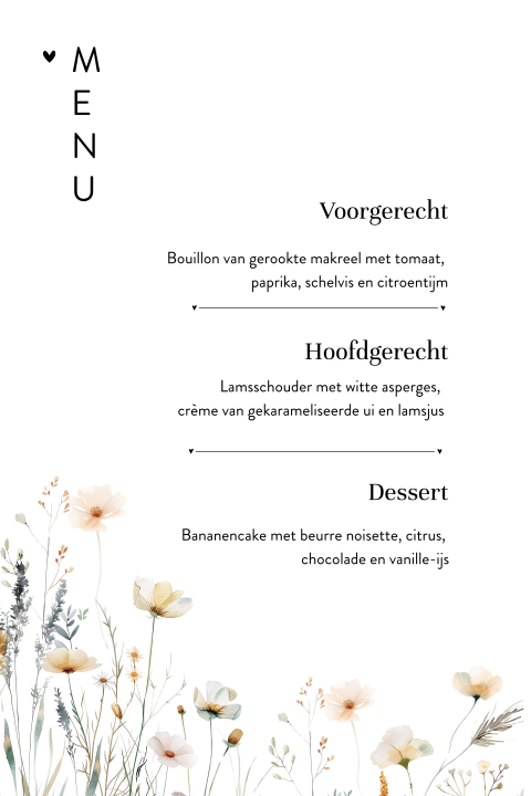 Strakke menukaart met veldbloemen in mooie tinten