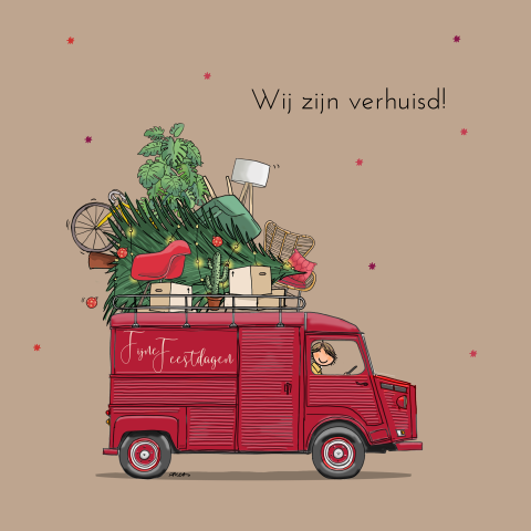 Kerstkaart Citroen HY rood met verhuisspullen