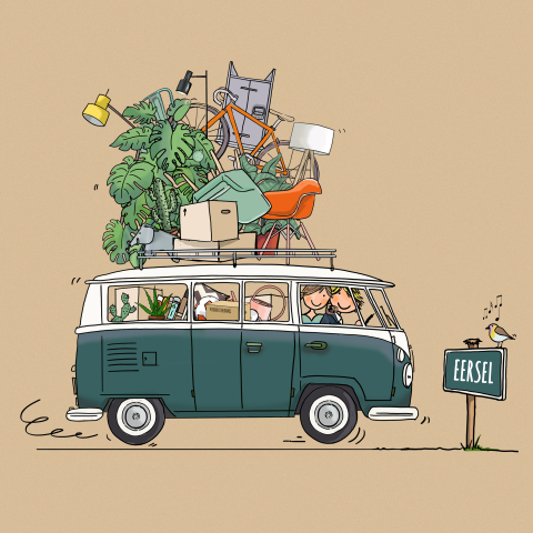 Verhuiskaart vw busje groen met bordje