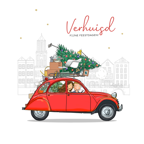 Kerstverhuiskaart Citroen 2cv rood woonplaats