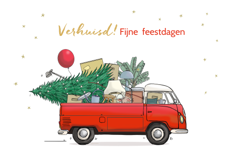 Kerstkaart VW busje rood transporter met verhuisspullen