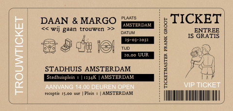 Trouwkaart ticket lang wit met illustraties tekst kraftlook