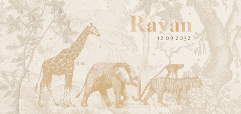 Geboortekaart jungle dieren met pentekening achtergrond