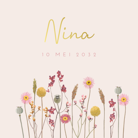 Geboortekaartje droogbloemen met goudfolie