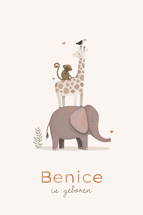 Geboortekaartje meisje jungle met giraf olifant aap vogel