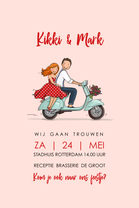 Trouwkaart getekend bruidspaar op retro vespa